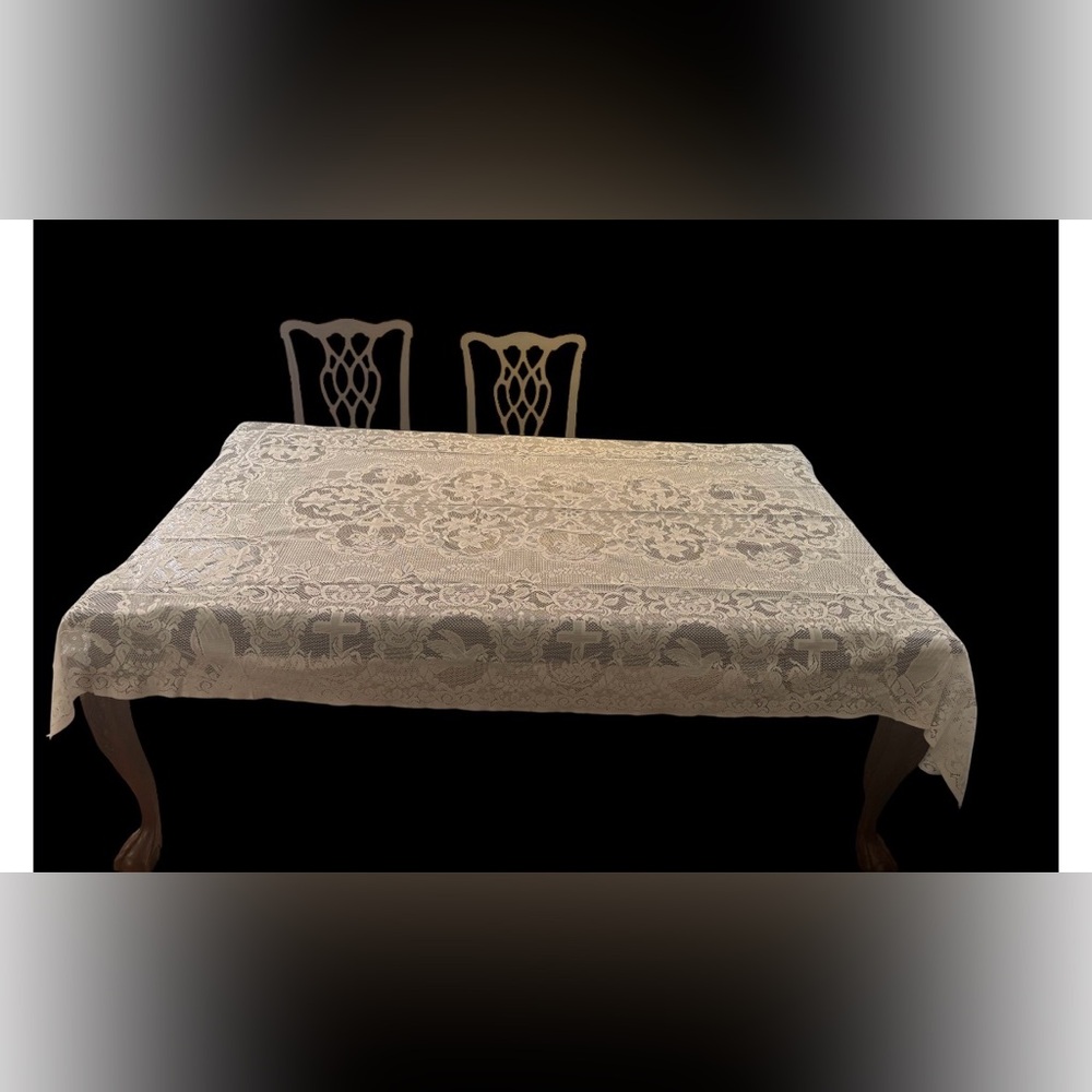 Vintage White Lace Religious Tablecloth 8’ x 5’ Cross, Dove & Praying Hands